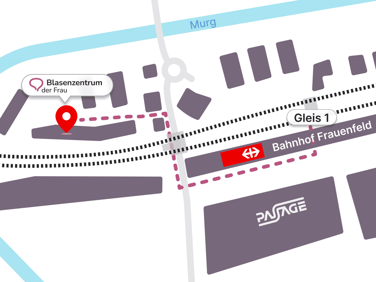 Lageplan vom Bahnhofplatz (Gleis 1) zur Praxis